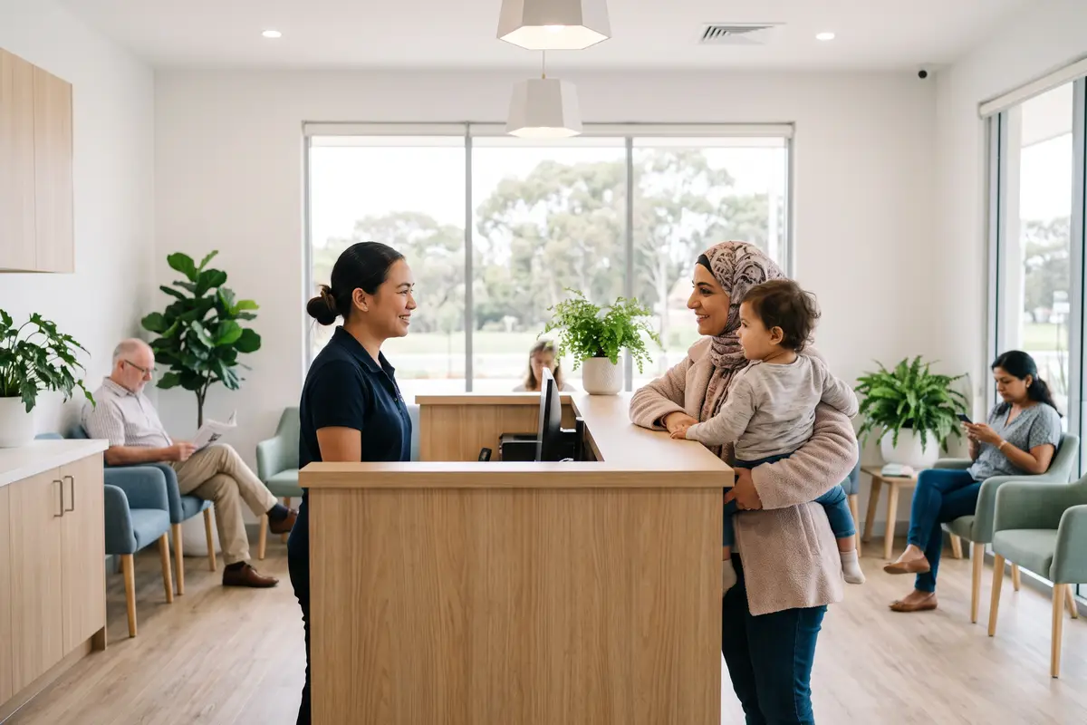 Reception at Thorpe Street Health, where a receptionist welcomes a mother and her child at the front desk while other patients wait